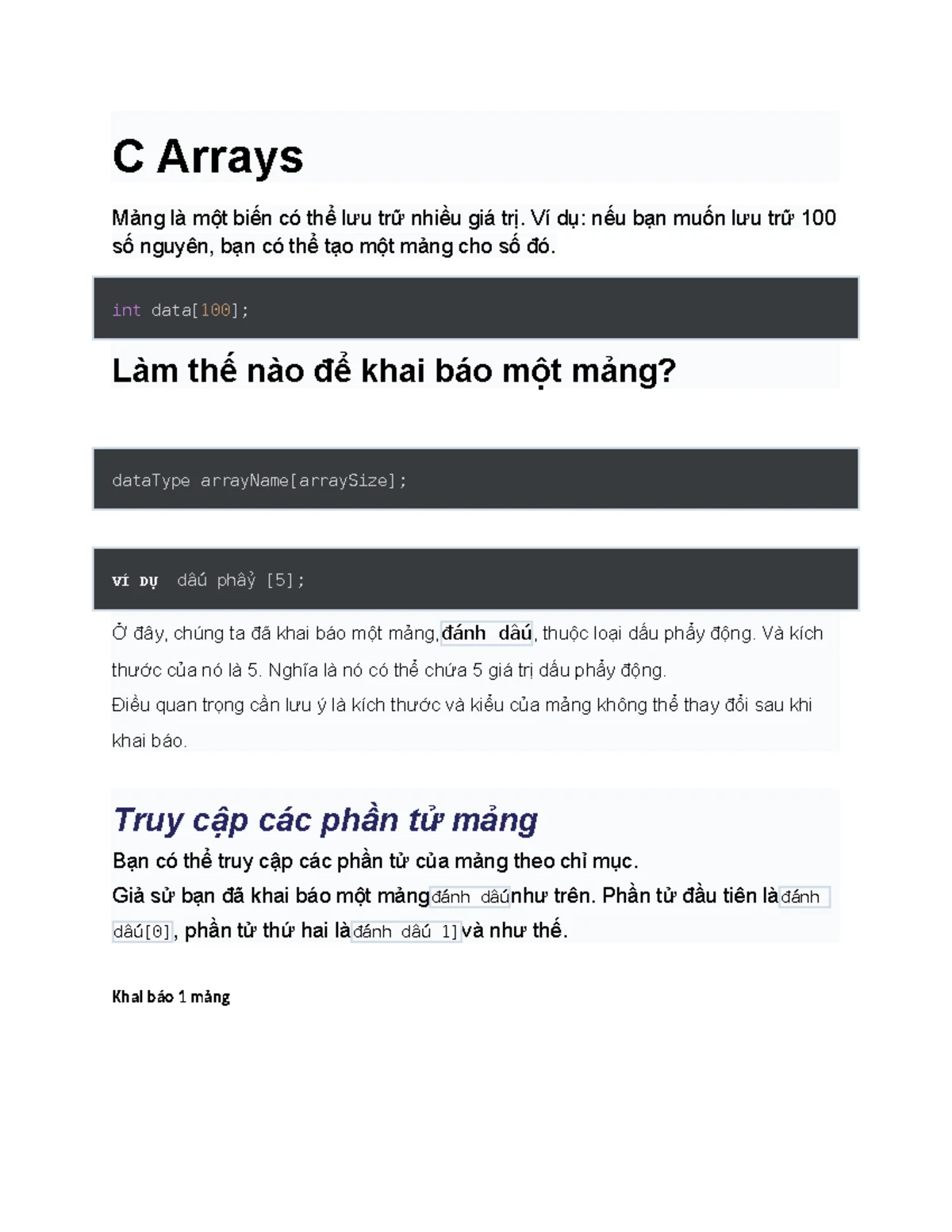 chỉ mục mảng ví dụ