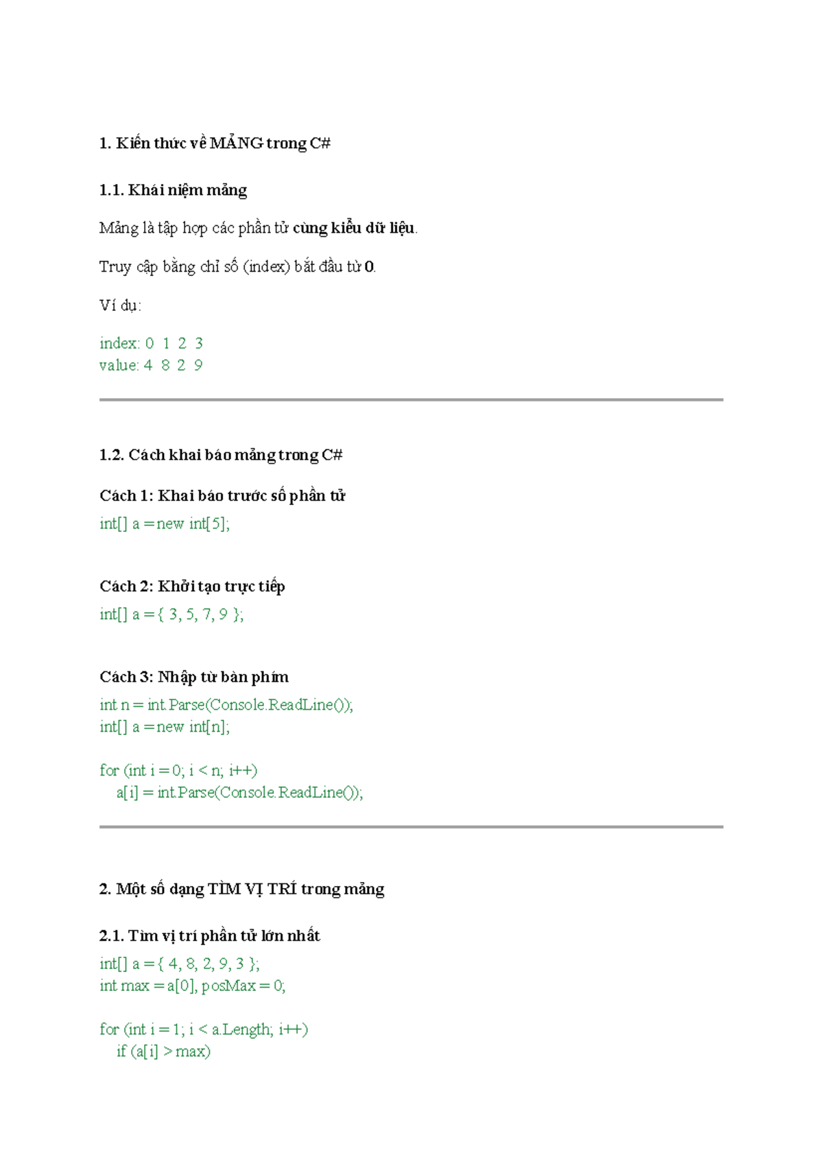 khai báo khởi tạo mảng