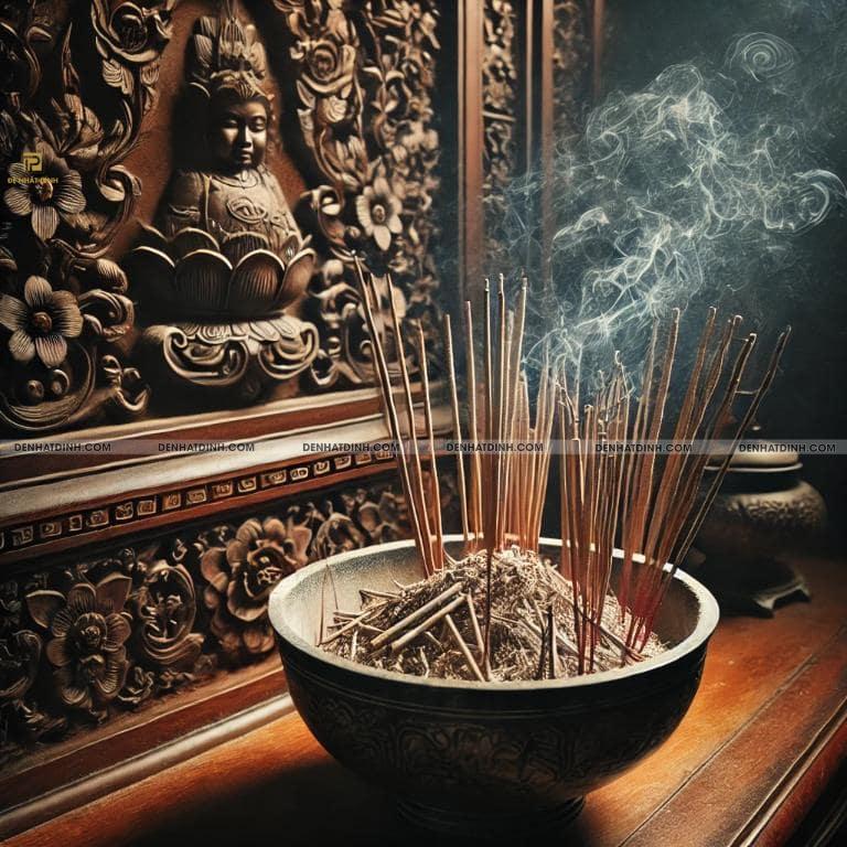 Bàn thờ gia tiên với nén hương đang cháy